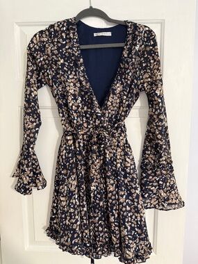 Saints + Secrets Navy Floral Long-Sleeve Ruffle Mini Dress - Size S